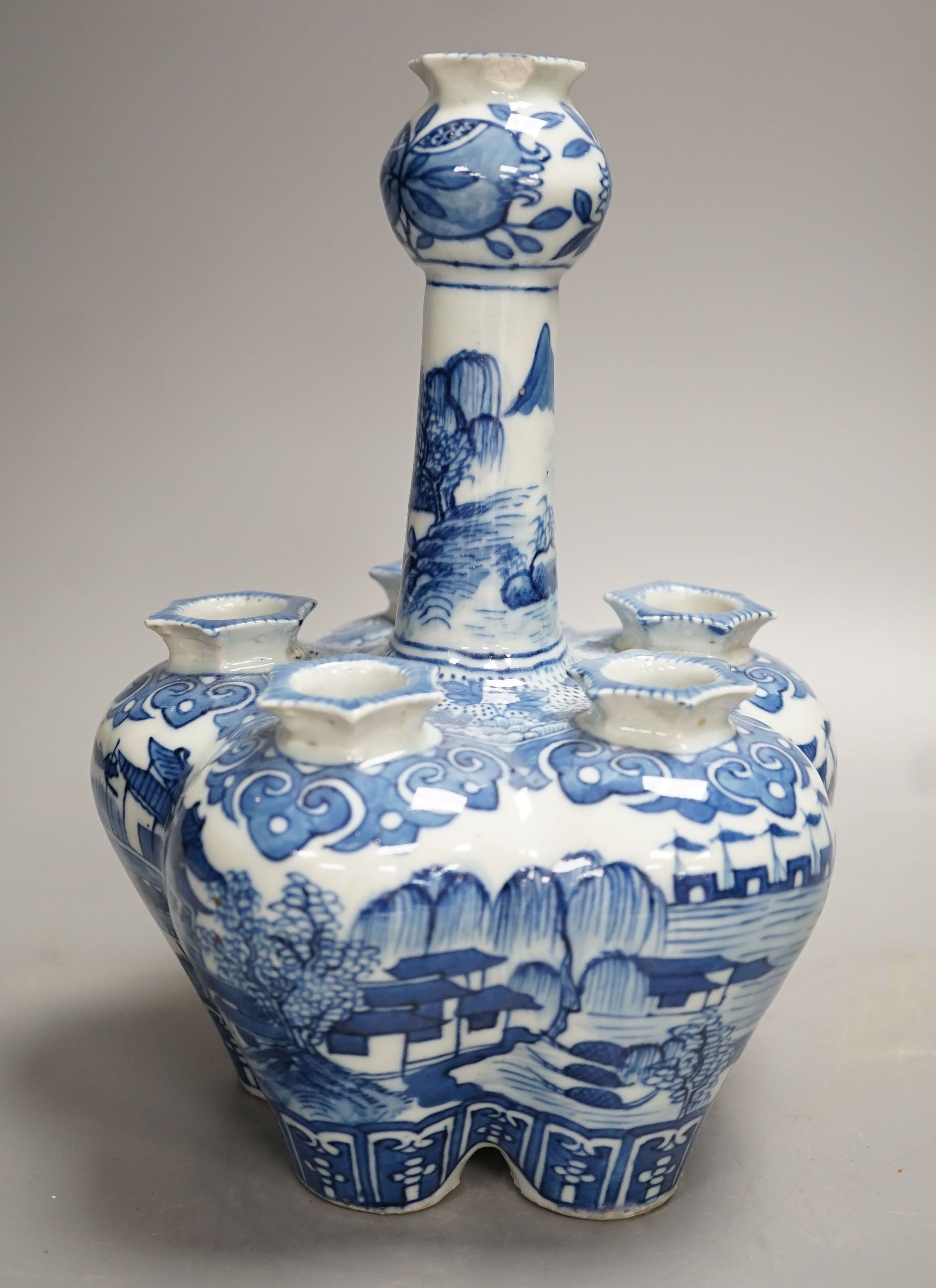 A 19th century Chinese blue and white tulip vase, painted with the pavilion of Prince Teng - 24cm high